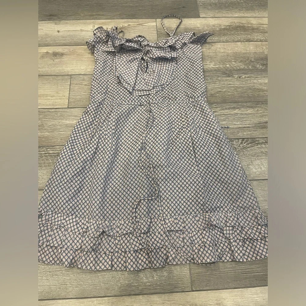 Navy and White Geometric Print Silk Ruffle Dress - Small by LaRok